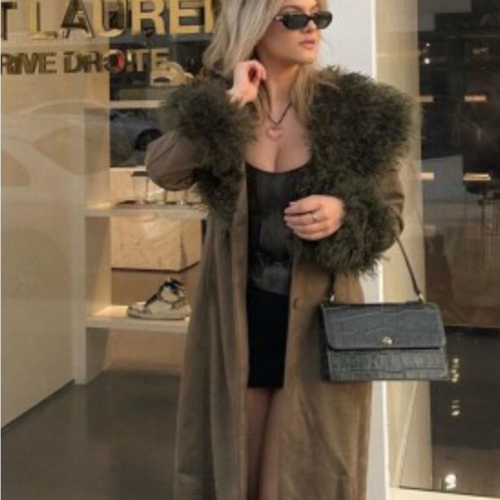 **In Search Of**  12th Tribe Foxy Suede Olive Green Pea Coat